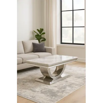 White Marble Effect Coffee Table with Chrome U Shape Pedestal Base