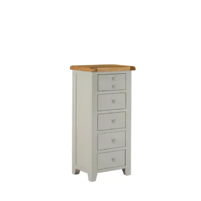 Modern Grey Painted Oak 5 Drawer Tall Chest with Natural Oak Top