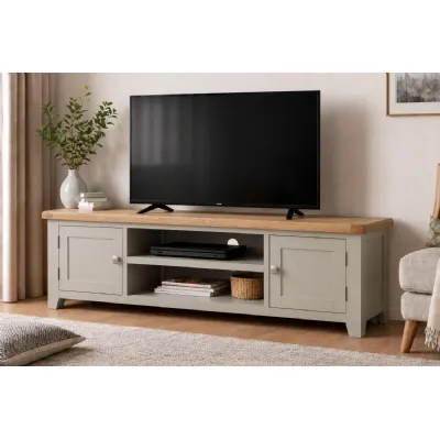 Modern Extra Large Grey Painted 2 Door TV Unit with Oak Top