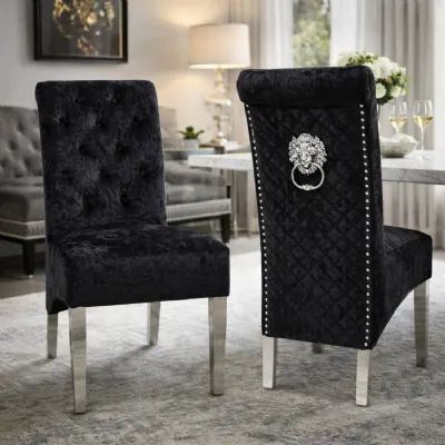 Modern Crushed Black Velvet Upholstered Dining Chair with Lion Knocker