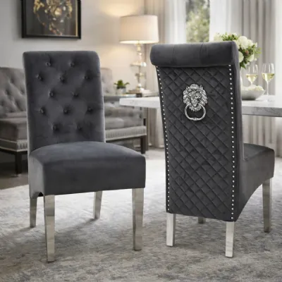 Modern Dark Grey Velvet Upholstered Dining Chair with Lion Knocker