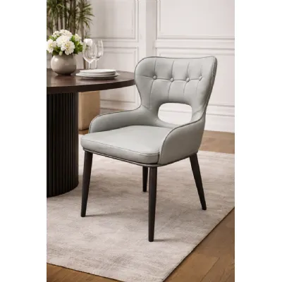 Modern Light Grey PU Upholstered Dining Chair with Button Tufted Back and Black Legs