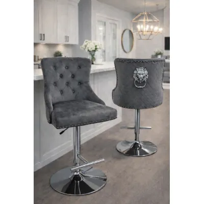 Modern Dark Grey Velvet Upholstered Bar Stool with Lion Knocker