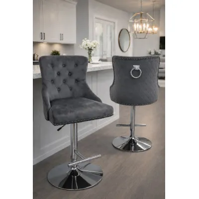 Modern Dark Grey Velvet Upholstered Bar Stool with Ring Knocker