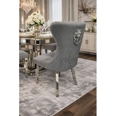 Modern Dark Grey Velvet Upholstered Dining Chair with Lion Knocker