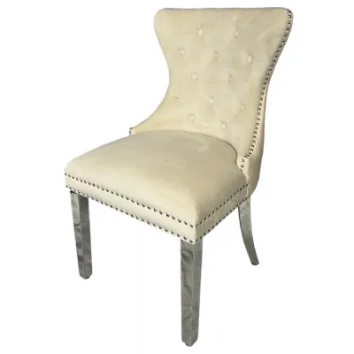 Luxury Ivory Velvet Dining Chair with Lion Knocker and Chrome Legs