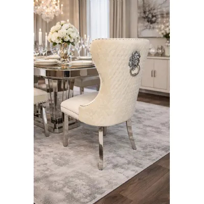 Modern Ivory Velvet Upholstered Dining Chair with Lion Knocker