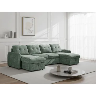 Green Textured Fabric Large U Shape Corner Chaise Sofa Bed
