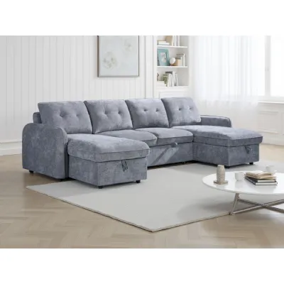 Grey Textured Fabric Large U Shape Corner Chaise Sofa Bed