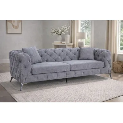 Modern Grey Fabric Chesterfield 3 Seater Sofa with Chrome Legs