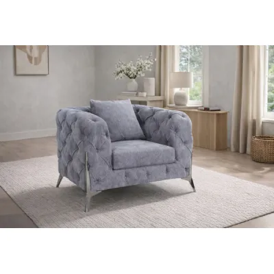 Modern Grey Fabric Chesterfield Armchair with Chrome Legs