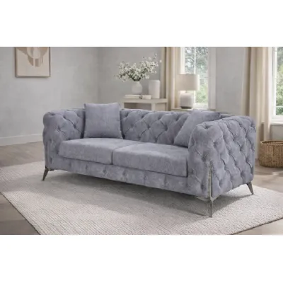 Modern Grey Fabric Chesterfield 2 Seater Sofa with Chrome Accent Legs