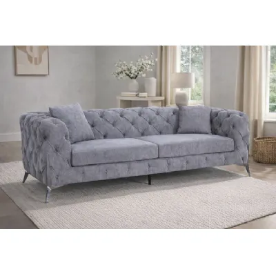 Modern Grey Fabric Chesterfield 3 Seater Sofa with Chrome Accent Legs