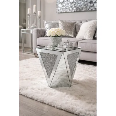 Mirrored Geometric Coffee Table with Crushed Diamond Triangle Panels
