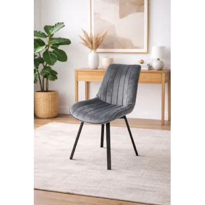 Modern Dark Grey Velvet 360 Degree Swivel Dining Chair with Black Legs