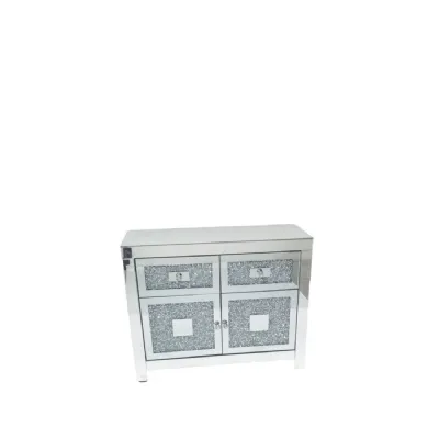 Silver Mirrored 2 Door 2 Drawer Small Sideboard with Crystal Effect Panels