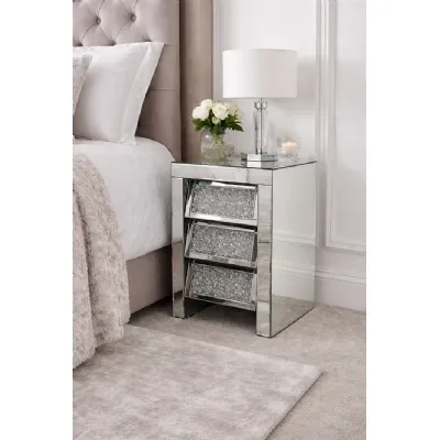 Mirrored Silver Crystal Effect 3 Drawer Bedside Cabinet