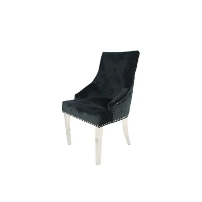 Modern Black Velvet Dining Chair with Lion Knocker and Chrome Legs