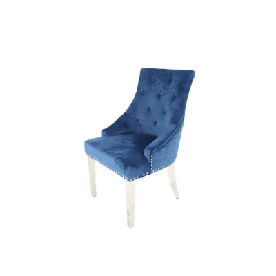 Modern Blue Velvet Dining Chair with Lion Knocker and Chrome Legs