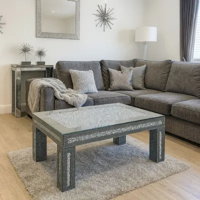 Silver Mirrored Crush Diamond Coffee Table with Glass Top