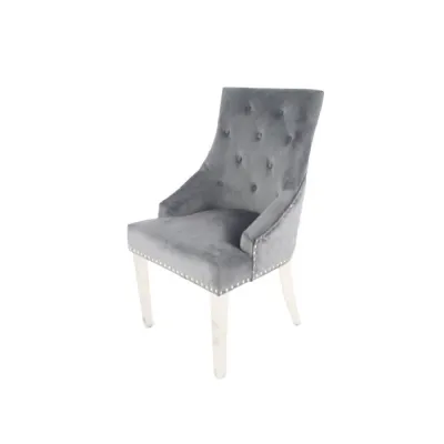 Modern Dark Grey Velvet Dining Chair with Lion Knocker and Chrome Legs