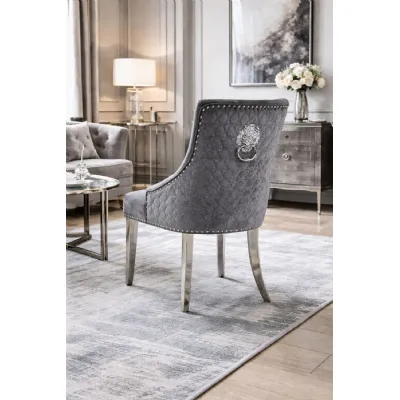 Modern Dark Grey Velvet Upholstered Dining Chair with Lion Knocker