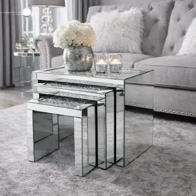 Mirrored Nest of 3 Tables with Crushed Crystal Tops
