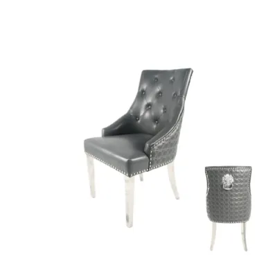 Modern Dark Grey PU Dining Chair with Lion Knocker and Chrome Legs