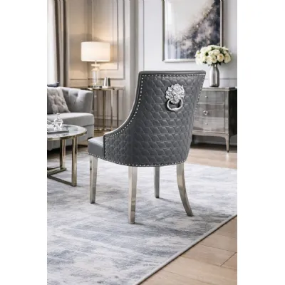 Modern Dark Grey PU Upholstered Dining Chair with Lion Knocker