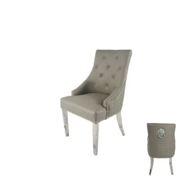 Modern Light Grey PU Dining Chair with Lion Knocker and Chrome Legs