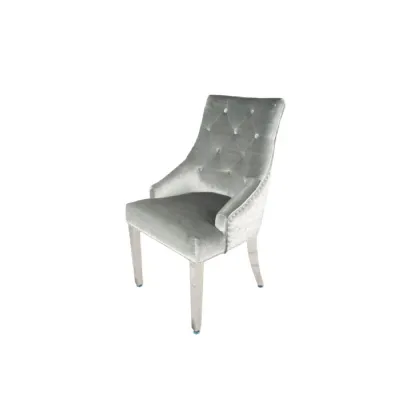 Modern Silver Grey Velvet Dining Chair with Lion Knocker and Chrome Legs