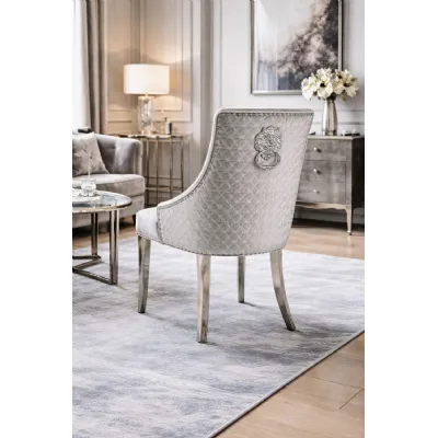 Modern Silver Grey Velvet Upholstered Dining Chair with Lion Knocker