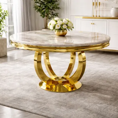Modern Medium Round 1.3m White Marble Gold Dining Table