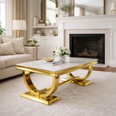 Modern Medium Rectangular White Marble Gold Coffee Table