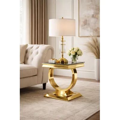 Modern Small Square Black Marble Gold Lamp Table