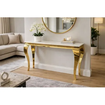 Modern Medium Rectangular White Marble Gold Console Table