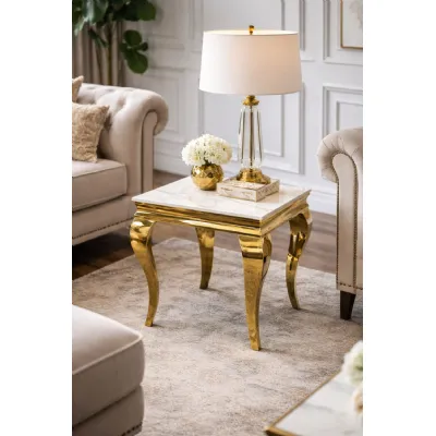 Modern Small Square White Marble Effect Gold Lamp Table