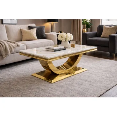 Modern Small Rectangular White Marble Effect Gold Coffee Table