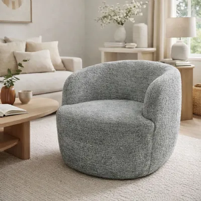 Modern Grey Boucle Upholstered Living Room Swivel Tub Chair