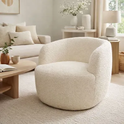 Modern Ivory Boucle Upholstered Living Room Swivel Tub Chair
