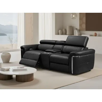 Black Leather 2 Seater Electric Recliner Sofa Chrome Trimmed