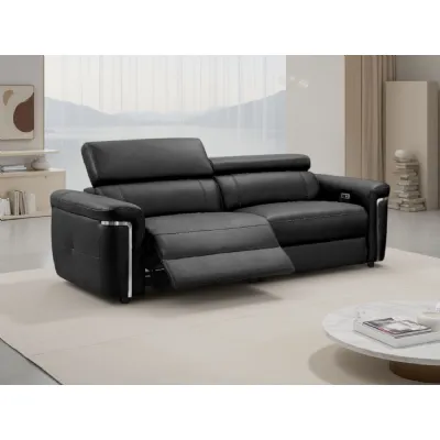 Black Leather 3 Seater Electric Recliner Sofa Chrome Trimmed