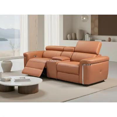 Tan Leather 2 Seater Electric Recliner Sofa Chrome Trimmed