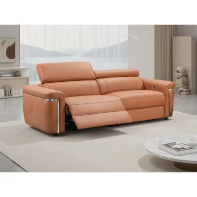 Tan Leather 3 Seater Electric Recliner Sofa Chrome Trimmed