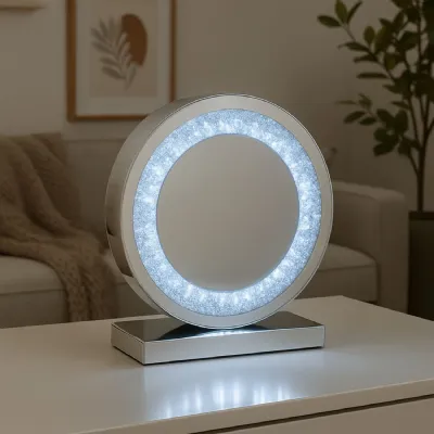 Modern Silver LED Circular Vanity Mirror Crushed Diamond