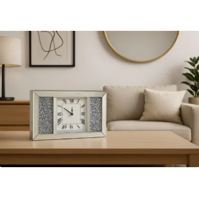 Mirrored Rectangular Table Clock with Crushed Diamond Side Panels