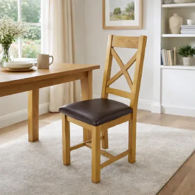 Natural Oak Cross Back Dining Chair with Dark Brown Padded Seat