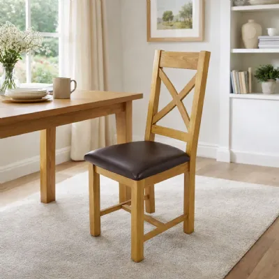 Traditional Oak Cross Back Dining Chair Dark Brown Seat