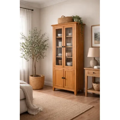 Natural Oak 2 Door Display Cabinet with Glass Doors and Storage Cupboard