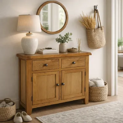 Natural Oak Small 2 Door 2 Drawer Sideboard Cabinet